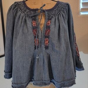 Free People Floral Embroidery Denim Top